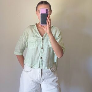 100% Linen Zara Button-Up Short Sleeve Blouse Top Women's Size Small
